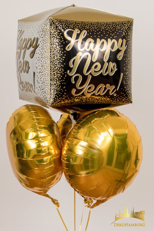 Happy New Year Würfelballonstrauß gold